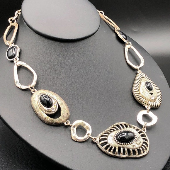 Hammered Distressed Grunge Collar Necklace Antique Silver Tone Faux Black Stones - Picture 1 of 11